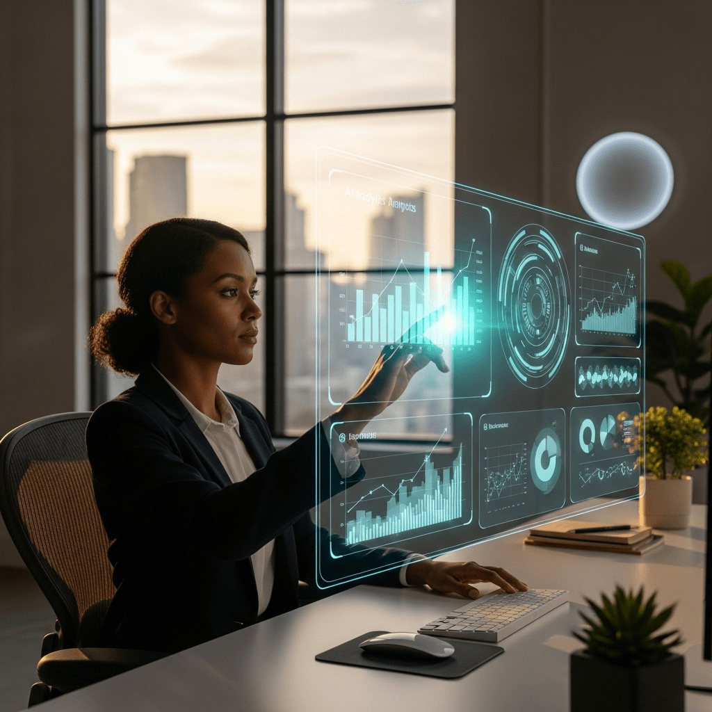 Business professional using AI analytics dashboard to improve B2B sales and leads performance and forecast 2026 revenue growth