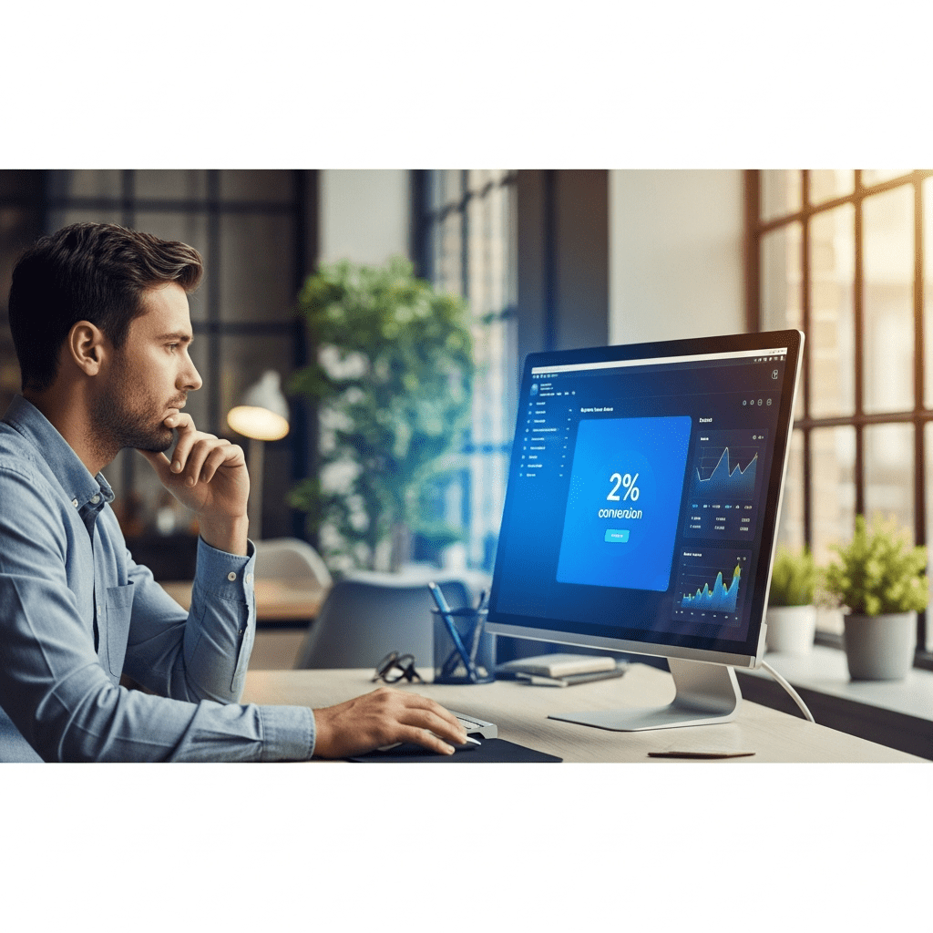 Marketer reviewing analytics dashboard showing 2% conversion and planning smarter b2b leads online strategy with visitor data