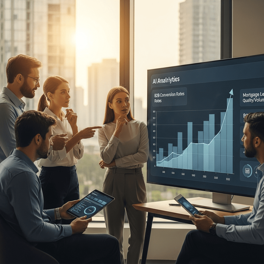 Business team reviews AI analytics dashboard showing rising B2B conversion rates to improve mortgage leads usa quality and volume