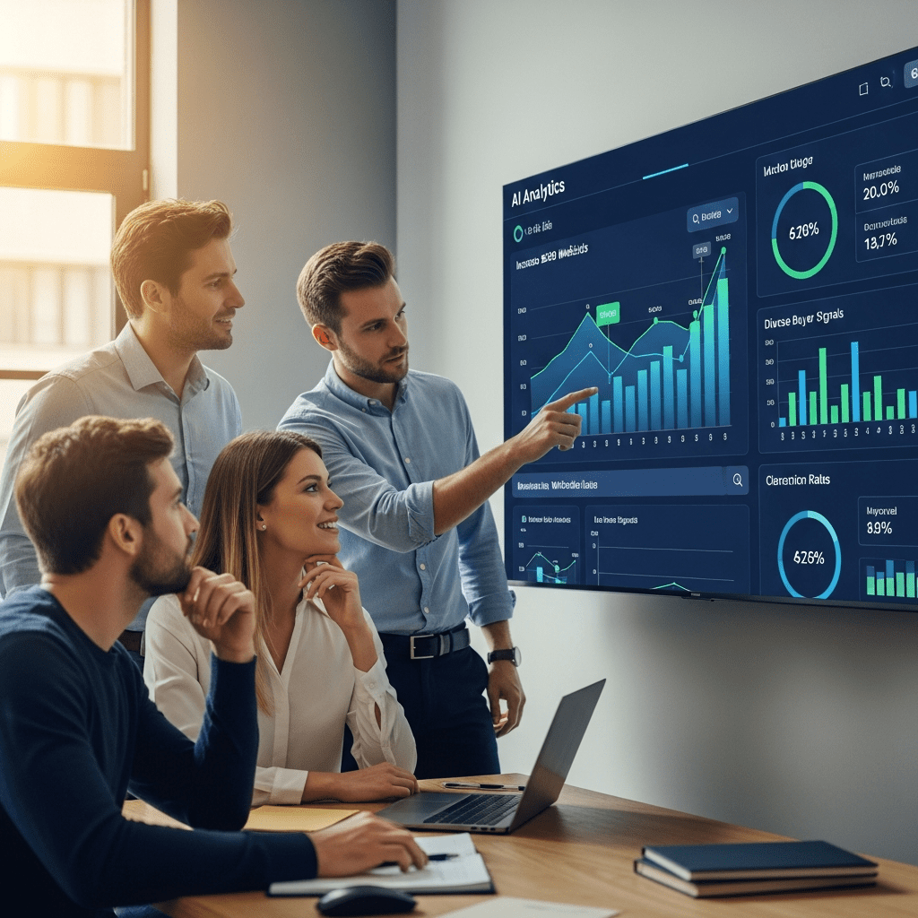 Sales team reviews AI analytics dashboard highlighting rising b2b website leads, buyer signals, and improved conversion metrics