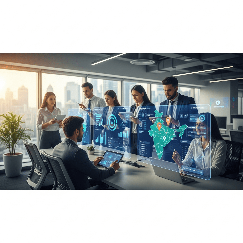 Professional sales team using AI dashboards to analyze data and grow qualified B2B pipeline for business leads india businesses