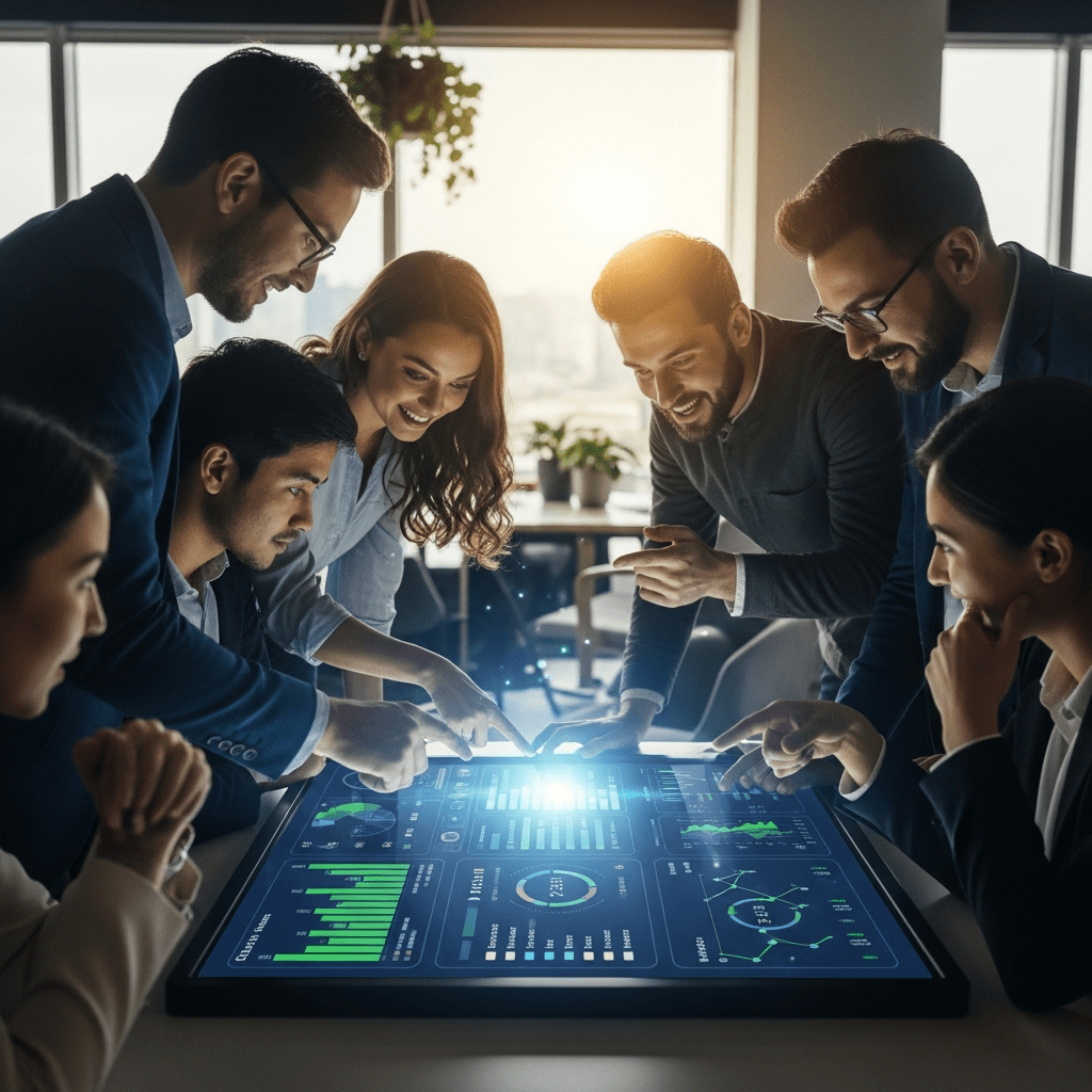 Sales team reviews AI-powered dashboard showing rising charts and metrics, highlighting 50% boost in leads for business